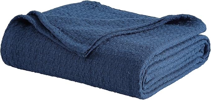 Beatrice Home Fashions Grand Hotel Lightweight All-Natural 100% Cotton Waffle Weave Blanket, Twin, Navy