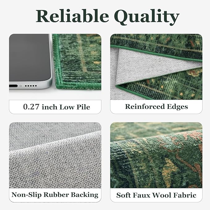 Green Round Rugs 4ft for Bedroom Living Room, Low Pile Thin Washable Entryway Area Rugs Non Slip, Traditional Medallion Printed Circle Carpet for Kitchen Dining Room