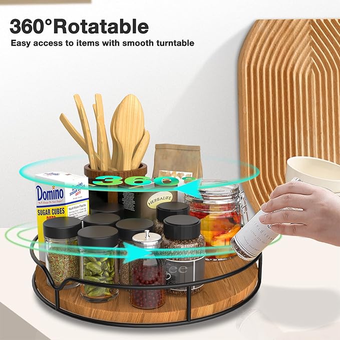 Lazy Susan Turntable Organizer with Anti-Slip Mat for Cabinet Pantry Kitchen Countertop Refrigerator Office, Pine Wood, 10", Carbonized Black