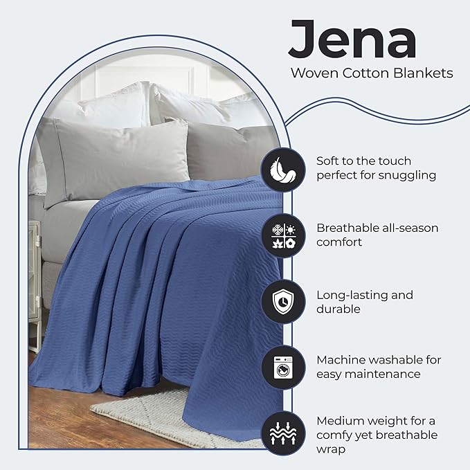 Superior JENA Cotton Blanket Picnic, Beach, Traveling or Camping, Bedroom, Essentials, Cover for Bed, Couch, Lounging, Textured Jacquard, Modern Chevron Woven Blanket, California King, Merritt Blue