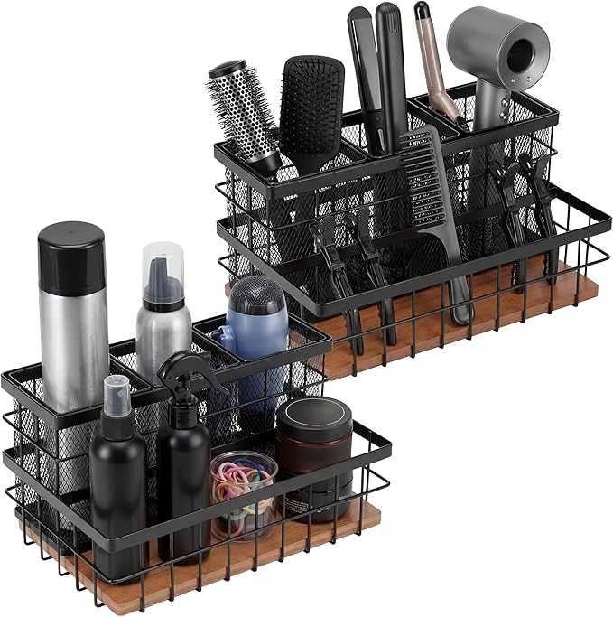 2 Pcs Hair Tool Organizer Countertop Breathable Metal & Bamboo Hot Tools Organizer Under Sink Bathroom Hair Dryer Holder Countertop Brush Comb Holder,Makeup Tray (Koa Wood,Black)