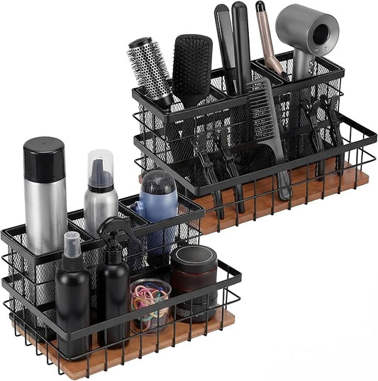 2 Pcs Hair Tool Organizer Countertop Breathable Metal & Bamboo Hot Tools Organizer Under Sink Bathroom Hair Dryer Holder Countertop Brush Comb Holder,Makeup Tray (Koa Wood,Black)