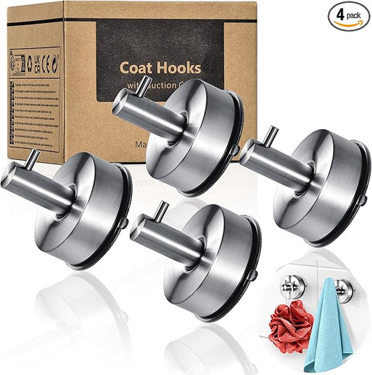 YOHOM Suction Cup Hooks for Shower Wall Bathrooms Towels Hook for Glass Door Heavy Duty (Silver, 4 PCS)