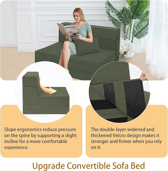 Sofa Bed Foldable Mattress ，Folding Sleeper Sofa Chair Bed Floor Mattress with Pillow for Living Room Home Office (Green-Corduroy, Twin XL)