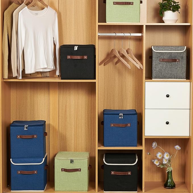 4PCS Storage Cubes with Lid Fabric Bins Boxes PU Leather Handles Cotton Linen Closet Organizer Container Decorative Foldable Washable Shelf Cloth Basket (Flip-top Lid, Deep Blue, 11in)