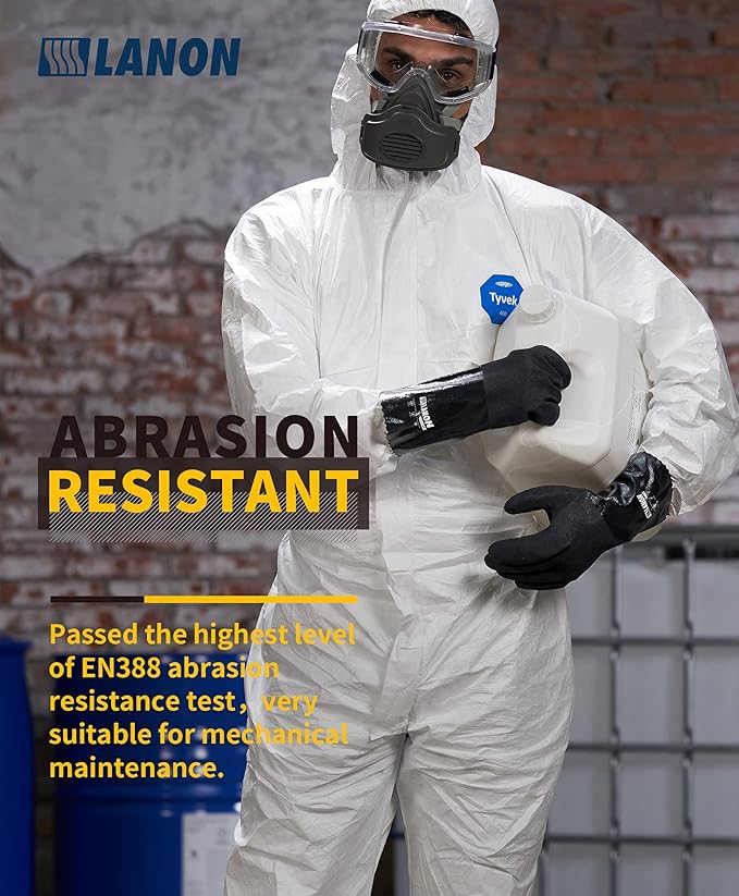 LANON Nitrile Chemical Resistant Gloves, Reusable Heavy-Duty Rubber Gloves with MicroFoam Textured Palm, Acid, Alkali and Oil Protection, Black, XL