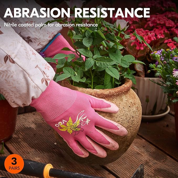 Vgo... 3Pairs Ladies' Nitrile Coating Gardening and Work Gloves (Size L, Green & Pink & Purple, NT2110)