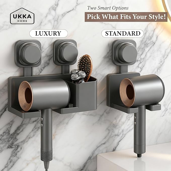 Suction Cup Hair Dryer Storage Organizer with Shelf & Hooks for Bathroom. Reusable, ABS Plastic, Rustproof, Wall Mounted. No Drill, No Glue, Nail Free (Gray, Standard)
