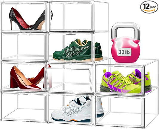 12 Pack Acrylic Shoe Storage Box with Magnetic Door. Size 13 Clear Stackable Shoe Organizer for Closet Space Saving Shoe Cabinet Sneaker Display Case in Closet, Hallway, Bedroom, Dormitory