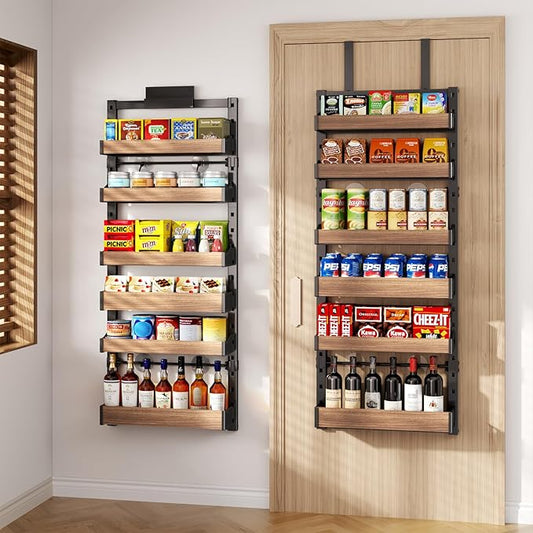 6-Tier Over The Door Pantry Organizer, Heavy-Duty Metal Wall Mount or Hanging Spice Rack, behind the door storage Shelves with Adjustable Basket, Back of Door Organizer for Kitchen Cabinet and Closet