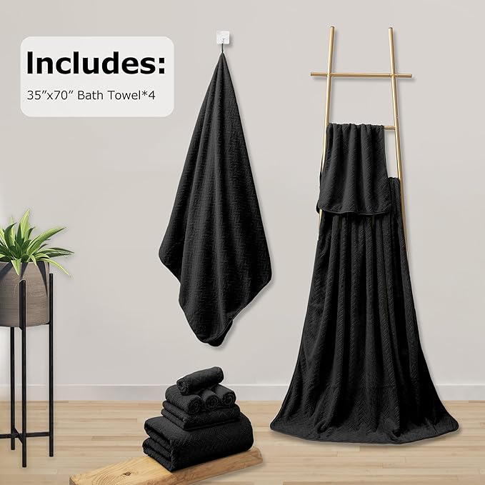 Oversize Bathroom Towels Set, Bath Towels Set 600 GSM Microfiber, 35x70 inches Bath Sheet Premium Naturally,Soft Absorbent Extra Large Bath Towels, Machine Washable Towel(Black, 4PCS)
