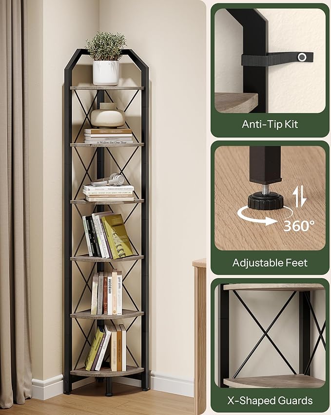 6-Tier Corner Shelf, Industrial Corner Bookshelf, 71.2" Corner Storage Stand, Plant Stand Display Shelf, Corner Bookcase for Bedroom, Living Room, Home Office, Greige and Black TCJ11BG