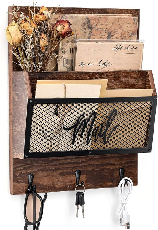 Farmhouse Mail Organizer Wall Mounted Rustic Mail Holder Hanging Key Sorter with 3 Hooks Indoor Wooden Wall Mounted, Letter, Magazines, Newspapers, Keys(Classics,Brown)