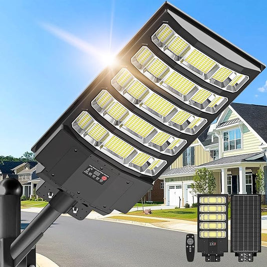 Solar Street Light Outdoor, 10000W Solar Lights Outdoor Waterproof with Motion Sensor, IP66 Solar Security Flood Lights for Yard, Pathway, Parking Lot - 350° Wide Angle & Remote Control Included