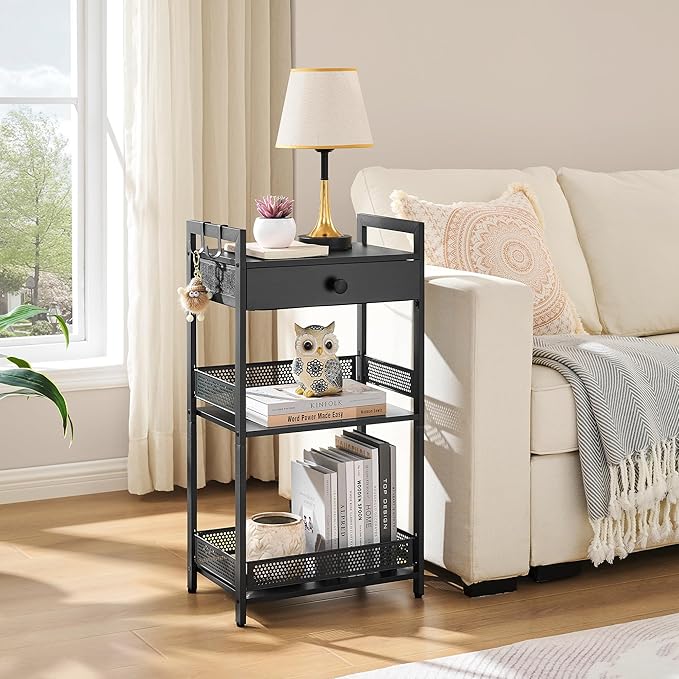 FAVOOSTY Bathroom Ladder Shelf, 3-Tier Bathroom Floor Storage Shelf with Drawer, Freestanding Towel Shelf, Bookcase End Table Open Shelving Unit for Living Room,Balcony, Black