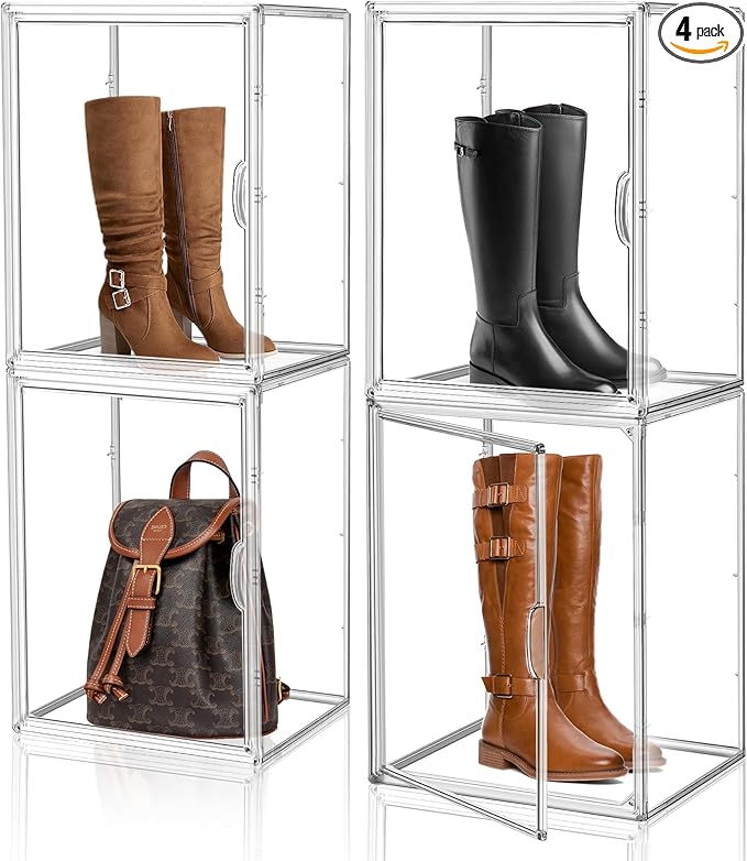 XX-Large 4 Pack Clear Plastic Handbag Storage Organizer for Closet Acrylic Display Case Purse Organizer Storage Bins for Boots, Big Bag, Collectibles, Cosmetic