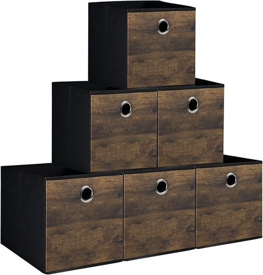 6-Pack Durable Cube Storage Bin with Decorative Wood Grain,Thickened Fabric Storage Basket Space-saving Cubby Boxes for Shelves,Closet,Bedroom,Office,Nursery,Dorm,RV, 12x12x12in (Medium