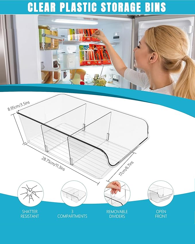 Pantry Organizers and Storage,Clear Plastic Containers with 2 Dividers for Kitchen,Fridge,Freezer Organization and Storage,Acrylic Bins for Pounches,Spice Packet,Snack organzier (4 Pack)