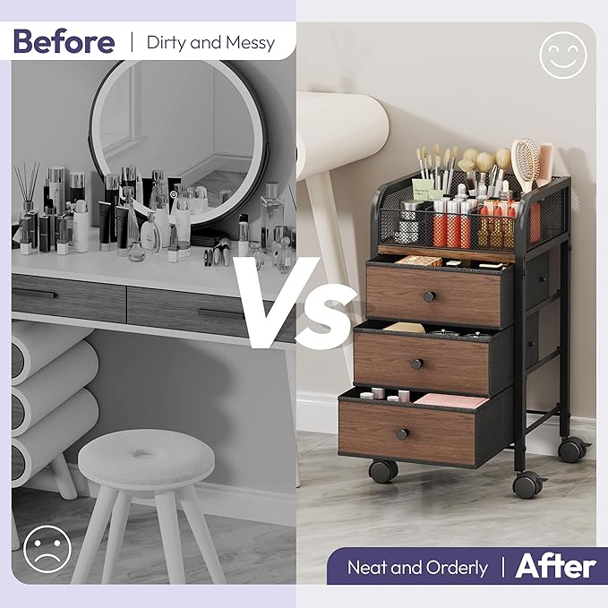 SWTYMIKI Rolling Makeup Organizer Cart - Floor Skincare Make Up Storage with 3 Non-woven Drawers, Vanity Organizer Cosmetic Display Cases Cabinet for Skin Care Perfume Nail Polish Brush Hair Tool