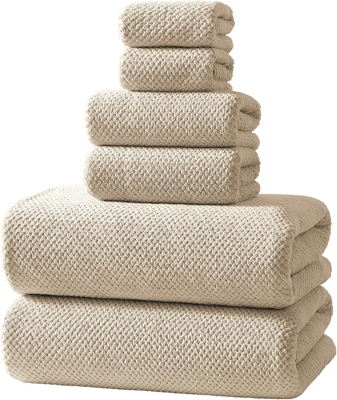 REDKISS 6-Piece Bath Towel Set - 2 Washcloths, 2 Hand Towels, 2 Bath Towels — Ultra-Fiber Coral Fleece, Super Absorbent, No Lint & No Fading — Perfect for Bathroom, Spa, Gym — Family & Adults-Camel