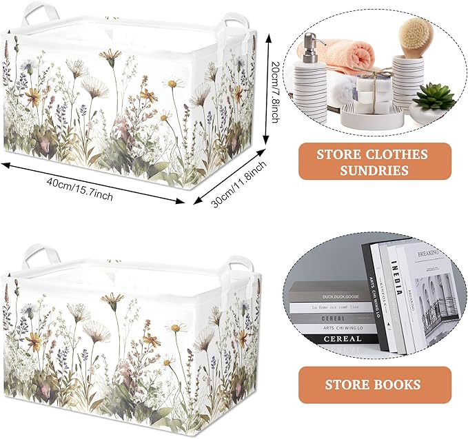 Wild Flowers Shelf Basket Floral Baby Shower Basket for Kids Girls Room Rectangle Clothes Toys Cube Storage Basket (Flowers)