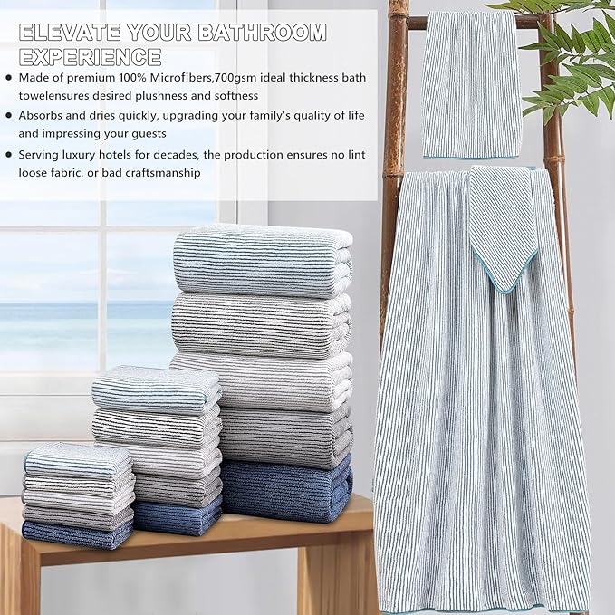 8-Piece Premium Towel Set for Bathroom|2 Oversized Large Bath Sheet,2 Hand Towels,4 Washcloths|Soft Cozy Highly Absorbent Fast Dry Microfiber Shower Towel Set for Hotel Bathroom Essentials,Lake Blue