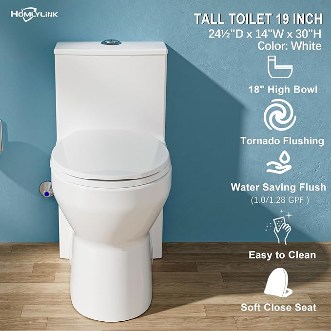 19 Inch Compact Modern Tall Toilet for Seniors,Tornado Flush One Piece ADA High Skirt Toilet for Small Bathroom Space, Dual Flush 1.0/1.28 GPF, Comfort Bowl Heigh 18 Inch,12" Rough-in, White