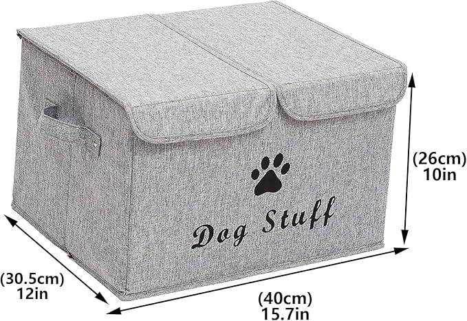 Geyecete Large Storage Boxes - Large Linen Fabric Foldable Storage Cubes Bin Box Containers with Lid and Handles for Dog Apparel & Accessories, Dog Toys(Snow Grey)