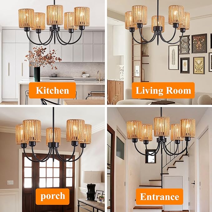22” Black Farmhouse Chandelier - 5 Light Rattan Pendant Light for Kitchen Island & Dining Room - Adjustable Height E26