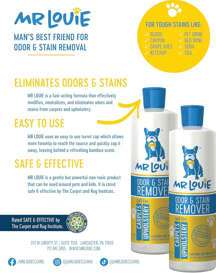 MR LOUIE Pet Stain & Odor Remover for Carpet & Upholstery - Precision Pour No-Spray Cleaner for Dog & Cat Urine, Vomit & Tough Stains - Safe for Kids & Pets (16oz)