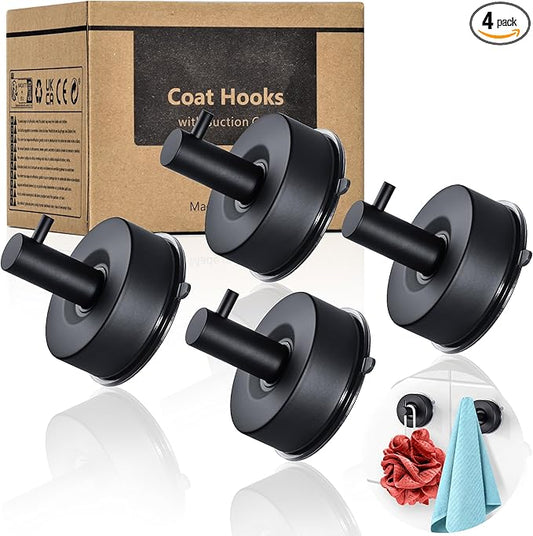 YOHOM Suction Cup Hooks for Shower Wall Bathrooms Towels Hook for Glass Door Heavy Duty (Black, 4 PCS)