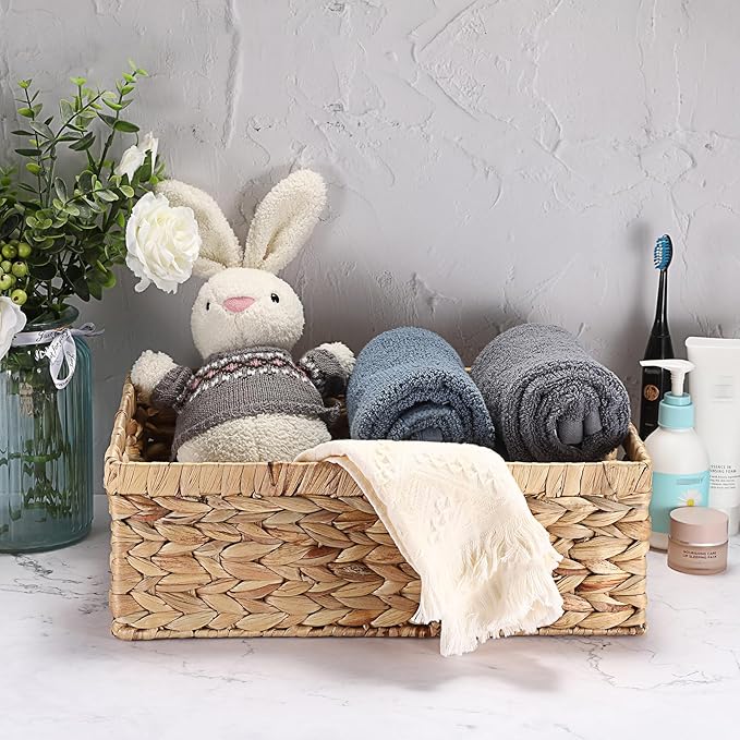 Woven Open Storage Bins Large Wicker Shelf Basket with Built-in Handles Natural Water Hyacinth Storage Baskets for Toiletries Books Fruits Organizing,15 x 10.2 x 5 inches