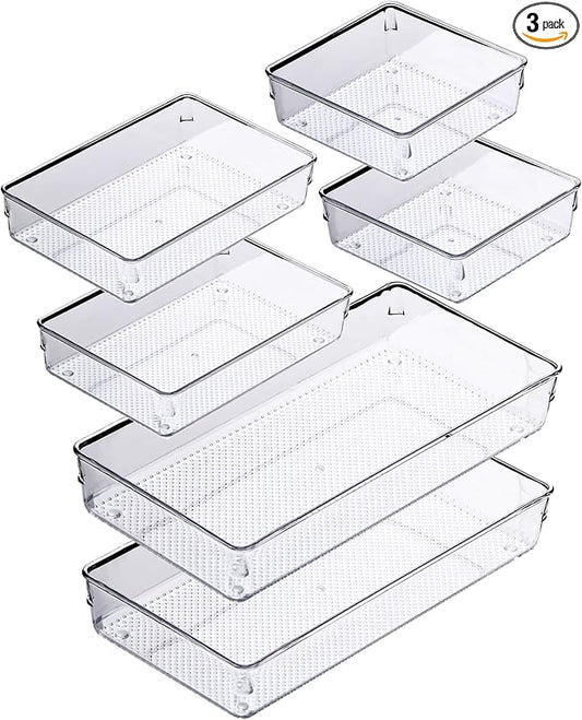 ihomecooker 3 Pack Clear Plastic Drawer Organizer Tray Cutlery Utensil Makeups Drawer Silverware Organizers 12" X 6"… (6P(6X6+6X9+6X15))