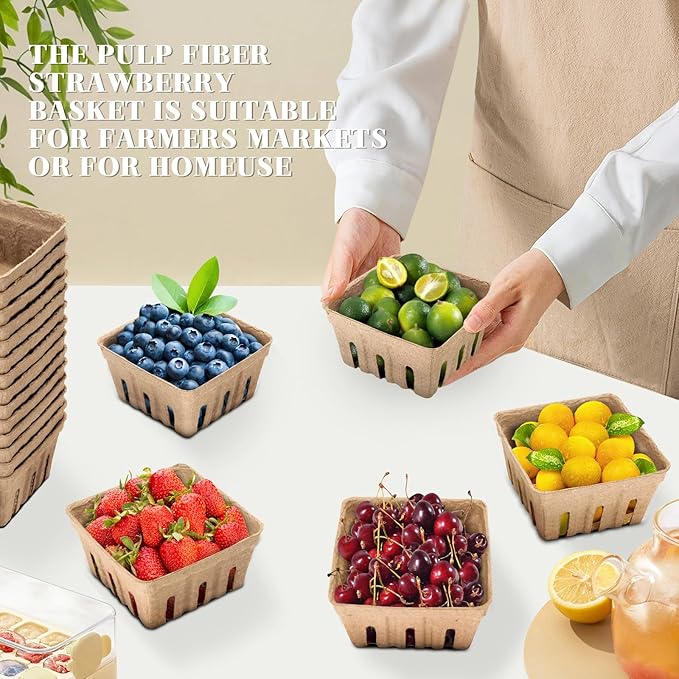 20 Pack Natural Pulp Fiber Berry Basket,Small Molded Produce Vented Basket Kitchen Supplies for Strawberry Blueberry Raspberry, Fruit Tray for Fruit Vegetable Farmer Market Grocery(1Pint)