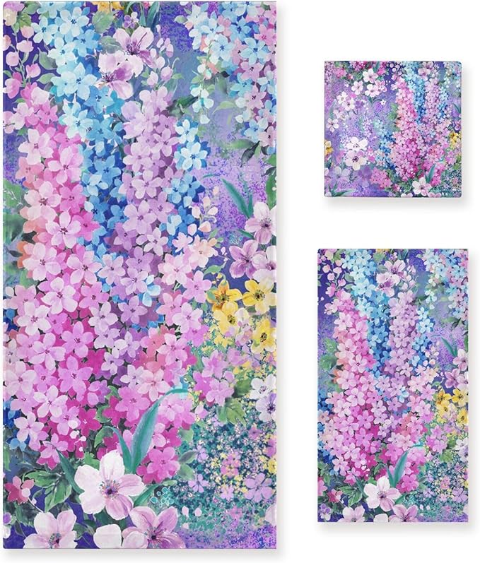 Purple Pink Blue Floral Towel Set, 3-Piece Soft Absorbent Set (1 Bath 1 Hand 1 Washcloth), Decorative Spring Garden Flower Towels for Bathtub, Shower, Hair, Face