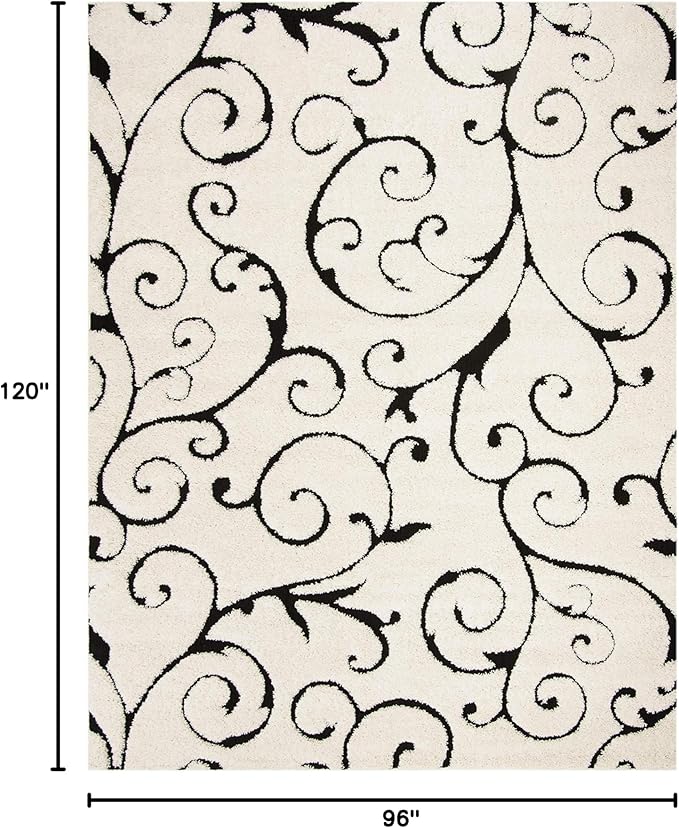 SAFAVIEH Florida Shag Collection Area Rug - 8' x 10', Ivory & Black, Scroll Design, Non-Shedding & Easy to Clean, High-Low Plush Pile, Ideal for Living Room, Bedroom, Dining Space (SG455-1290)