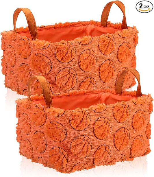 2 Pcs Orange Basketball Storage Baskets 14x10 Inch Easter Basket Sport Theme Home Decor Foldable Fluffy Plush Storage Bin with Handle Decorative Closet Organizer for Home Office Laundry Car