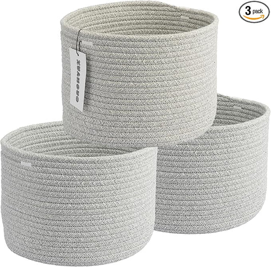Woven Cotton Storage Baskets - 3-Pack Round Bins (10x10x7'') for Shelves, Closets & Bookcases | Durable Rope Organizers for Nursery, Baby, Toys, Easter & More (grey)