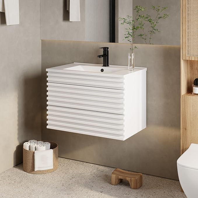 eclife 30" Floating Bathroom Vanity with Sink Combo Mid-Century Wall Mounted Cabinet with Wood Stripes Decor, Drawers, Undermount Sink, Faucet, Drain, Mixed White