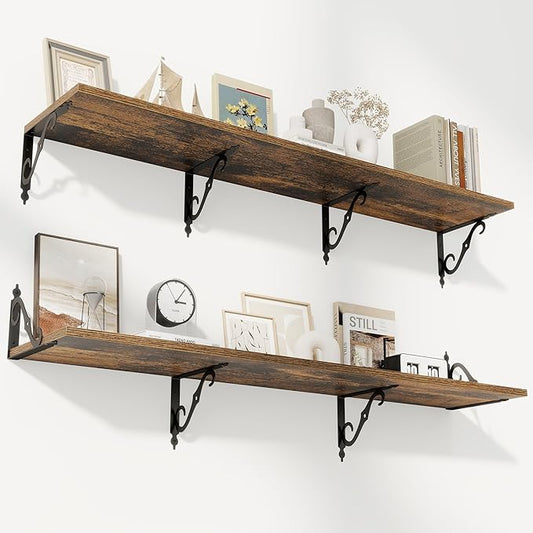 RICHFOCUS 12 Inch Deep Floating Shelves for Wall, 55" W x 12" D Wood Wall Shelves Set of 2, Wide Floating Shelves for Living Room, Bedroom, Kitchen, Bathroom and Decor Storage, Rustic Brown
