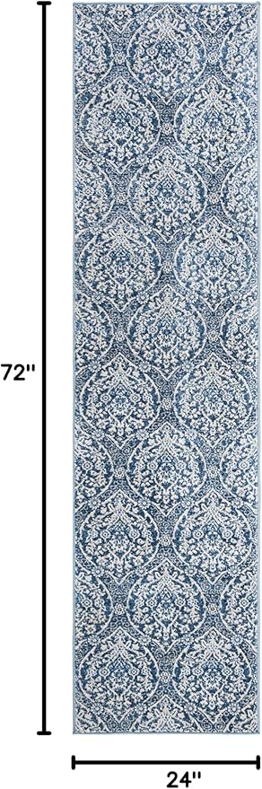 SAFAVIEH Brentwood Collection Runner Rug - 2' x 6', Navy & Light Grey, Floral Damask Ogee Trellis Design, Non-Shedding & Easy Care, Ideal for High Traffic Areas in Living Room, Bedroom (BNT860M)