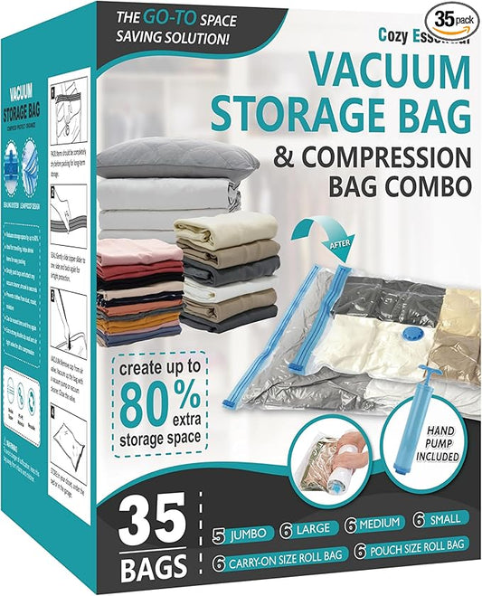 Cozy Essential Vacuum Storage Bags, Compression Space Saver Bags for Clothes, Comforters, Blankets, Pillow, Bedding, Sealer Clothing Storage,35 Combo