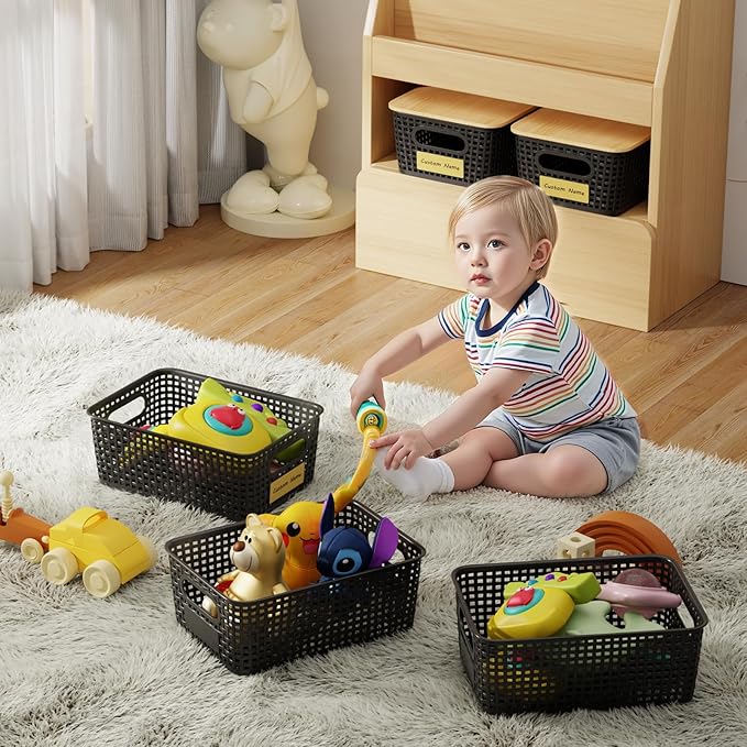 8 PCS Plastic Storage Bins with Bamboo Lid, Stackable Storage Baskets with Lids & Labels for Organizing, Storage Bins for shelves, Office, Drawer, Cabinet & Pantry,Nursery Organization,10.2*7.2*4.1In