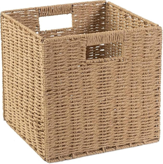10.5x10.5inch Storage Basket,1Pcs Paper Brown Rope Woven Baskets, Foldable Handwoven Storage Cubes, Wicker Cube Baskets Laundry Organizer Totes for Bathroom Bedroom Laundry Pantry or Shelves