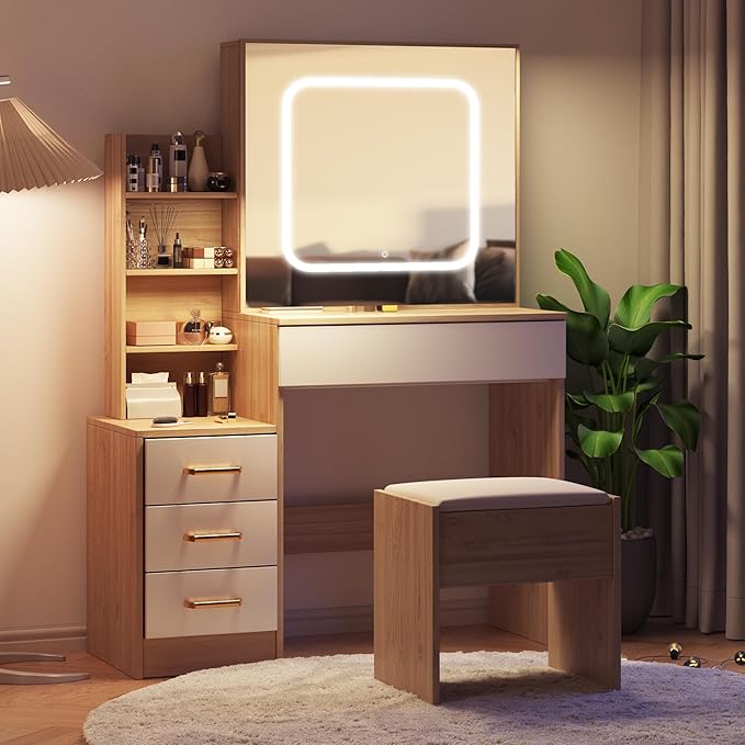 Vanity Desk with Sliding LED Mirror, Makeup Dressing Table with 4 Drawers, Storage Shelves, Power Outlet & Cushioned Stool, Adjustable 3 Lighting Modes, Modern Makeup Vanity Set for Bedroom, Natural