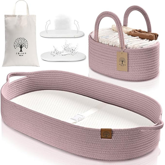 Baby Changing Basket Includes Diaper Caddy - Soft & Waterproof Dual-Cover, Portable, Changing Pad for Dresser & Changing Table, Gift for Baby Shower, Organic Cotton Rope