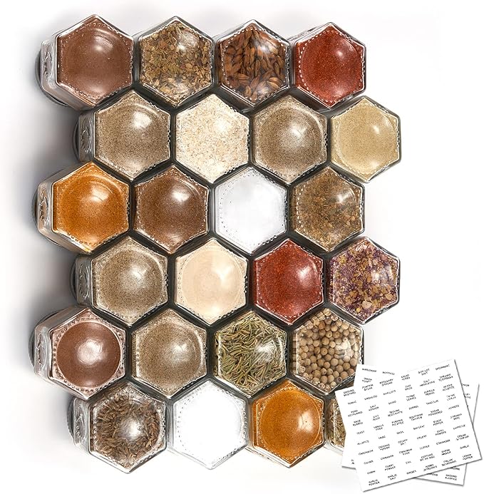 Homazing Set of 24 Hexagon Glass Spice Jars with Shaker Lids and Labels for Refrigerator, Kitchen, RV Travel Trailer Magnetic Containers
