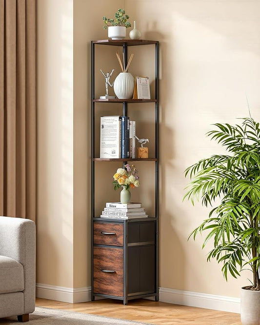 Housolution Corner Shelf Stand with Storage, 63.8'' Tall 6-Tier Corner Bookshelf Includes 2 Fabric Drawers, Freestanding Corners Storage Shelf for Living Room Bedroom Kitchen Bathroom (Black + Brown)