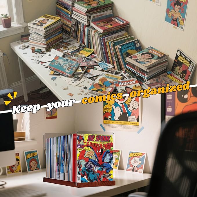 Comic Book Storage Holder，Wood Comic Book Case with three acrylic dividers，Acrylic Comics Book Box，Bin & Organizer，Stores Up To 150 Comics (Brown)