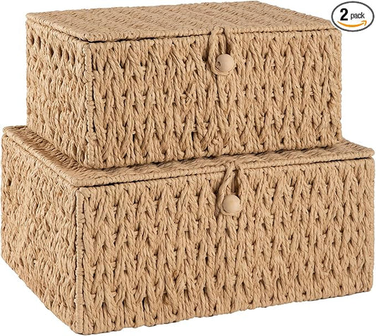 OIAHOMY Wicker Storage Basket with Lid & Lock, Lidded Storage Bins, Decorative Baskets for Organizing, Set of 2-Natural